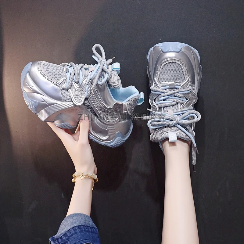 网红时尚水钻老爹鞋女厚底2025秋季新款网面透气百搭休闲运动鞋子