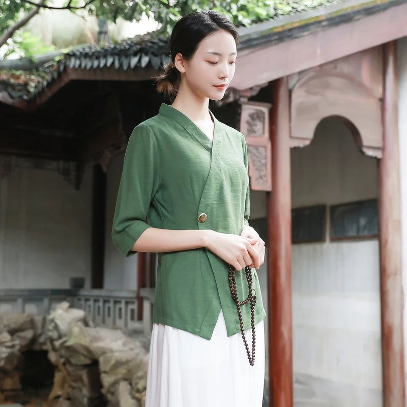 唐装女装高端中国风设计感交领茶艺服汉服改良版日常休闲垂感上衣