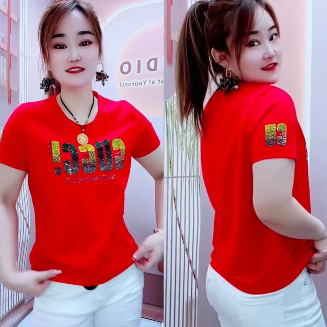 【重工烫钻 品质纯棉】夏季大码高档洋气字母烫钻显瘦短袖t恤衫