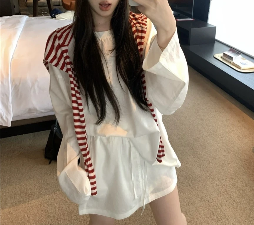 防晒长袖条纹披肩套装休闲