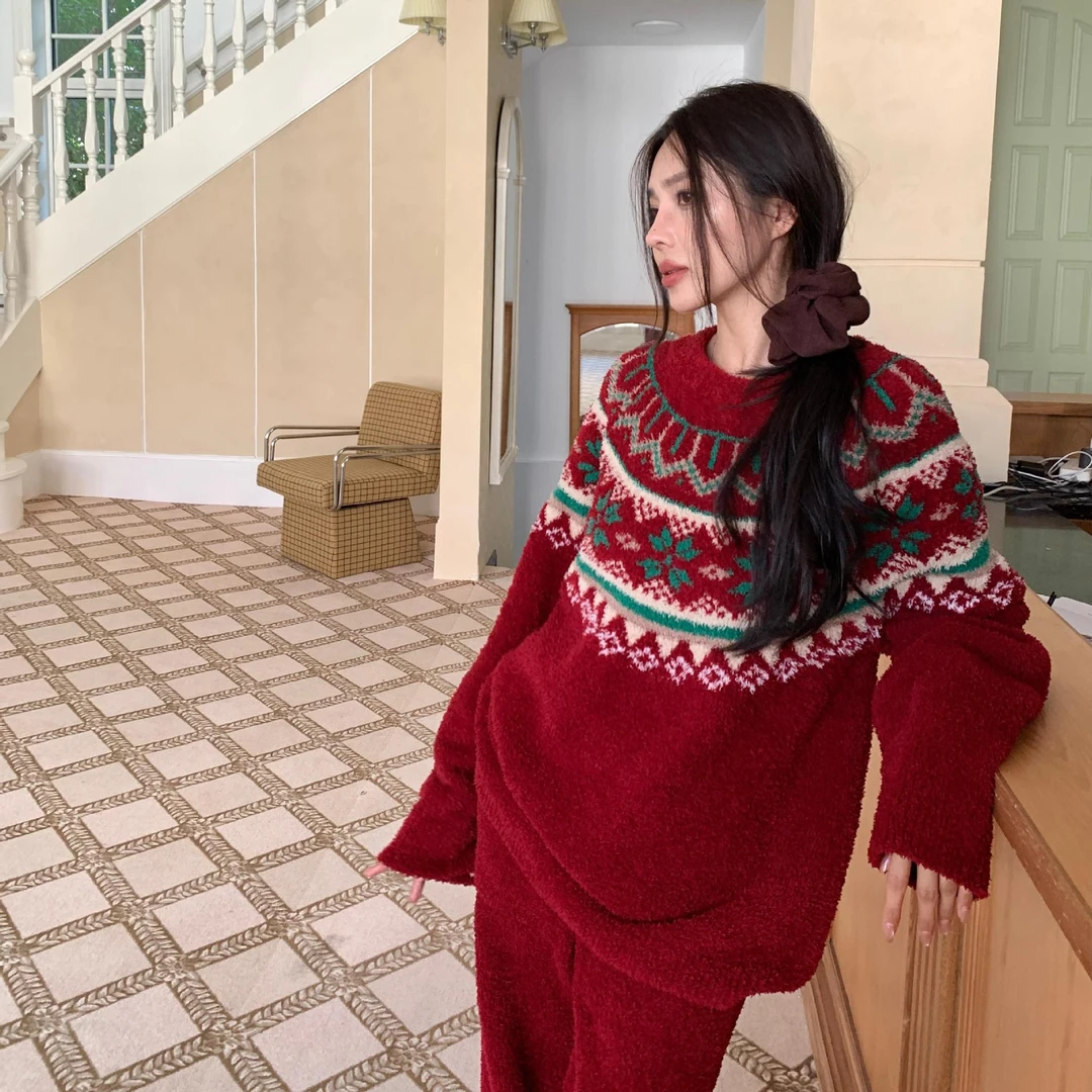 费尔岛提花睡衣套装半边绒冬季新款加绒加厚保暖复古慵懒家居服女