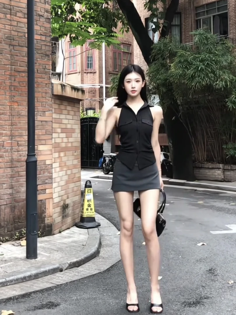 不规则露腰条纹无袖衬衫套装女夏季新款修身开叉收腰绑带短款上衣