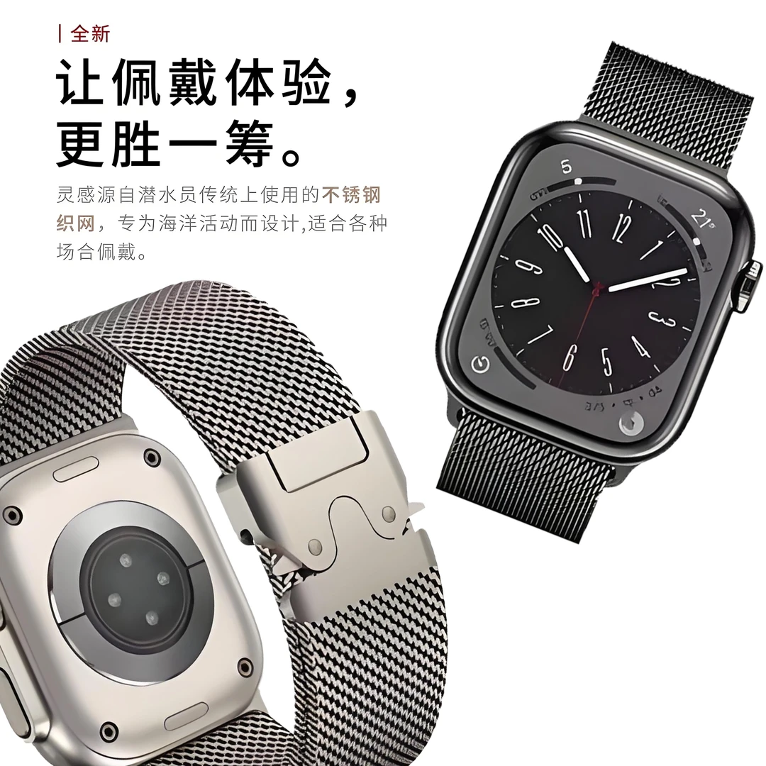 适用苹果手表新款手表的米兰尼斯降落伞金属表带S10/S9/Ultra2
