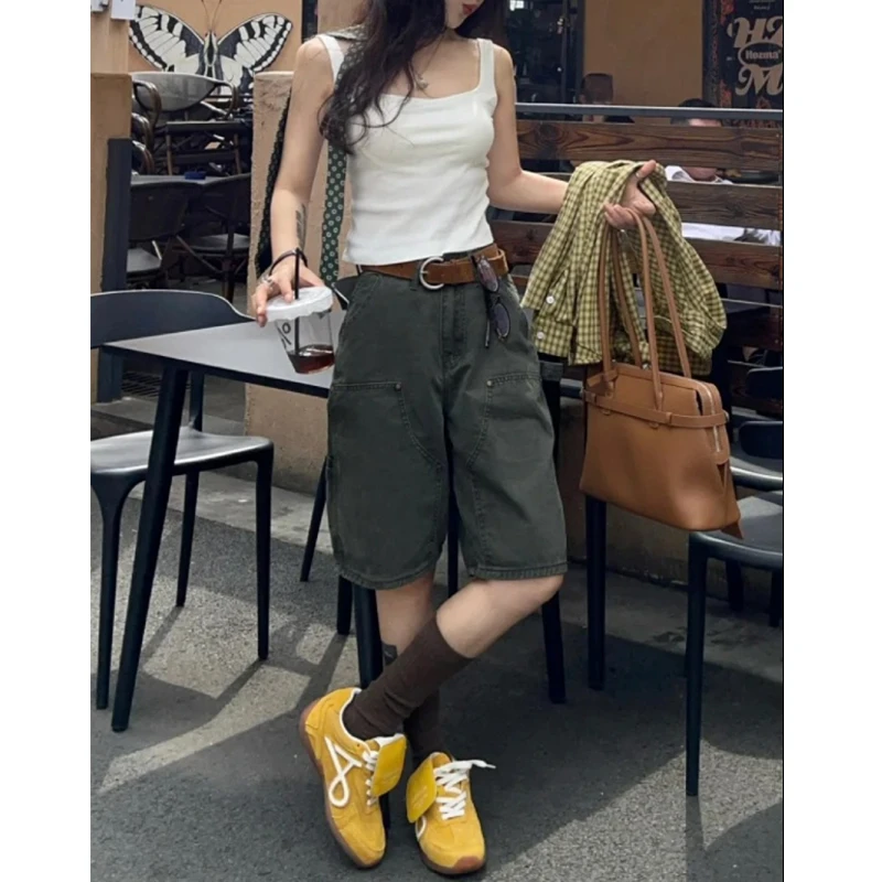 美式复古军绿色松弛感牛仔裤2025夏季新款遮跨显高垂感阔腿五分裤