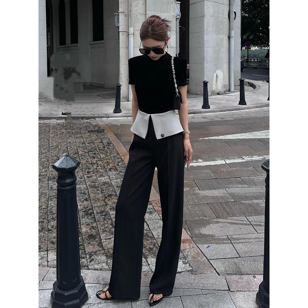 超火夏装一整套轻奢高级感大方得体穿搭御姐黑色t恤阔腿裤套装女