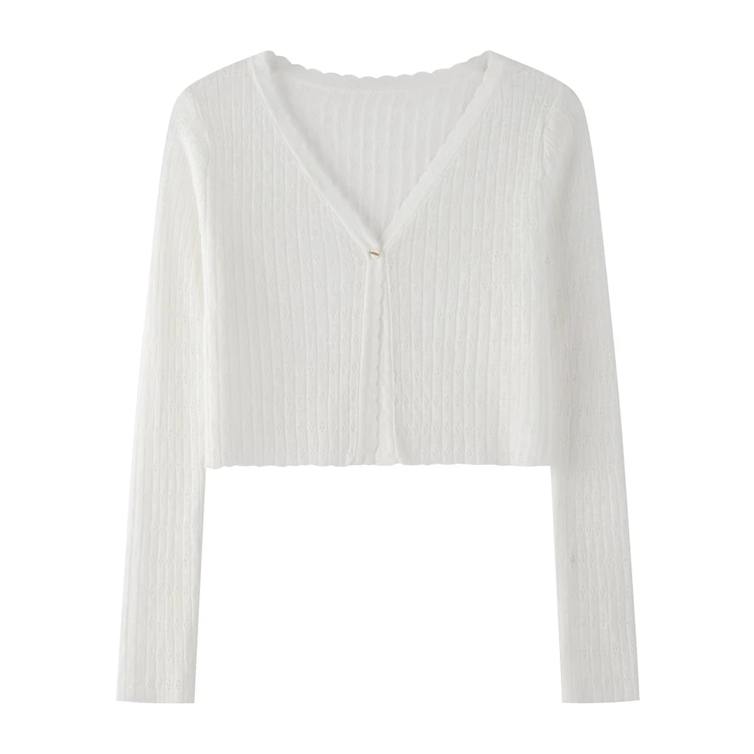 羊城故事-韩系百搭镂空短款长袖清透修身纯色针织开衫8602