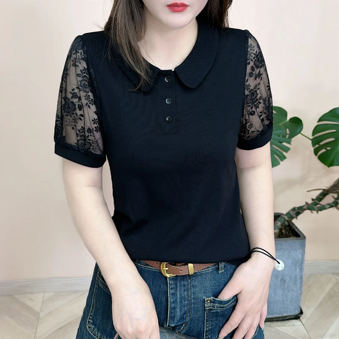 2025夏季新品时尚百搭修身显瘦减龄设计感POLO领女士短袖上衣5568
