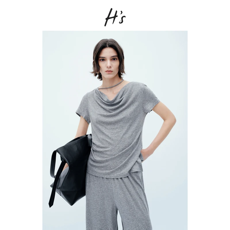 【商场同款】‌HS莫代尔羊毛T恤女25夏新款一字领短袖112504101019