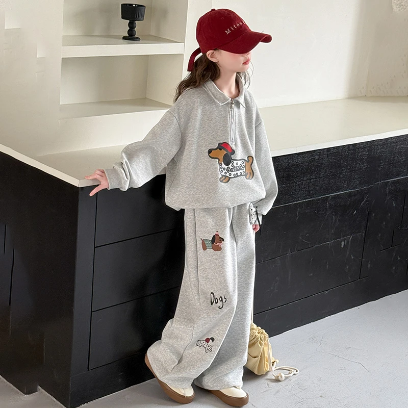 2025春秋新款女童腊肠狗中大童儿童运动卫衣阔腿套装女孩春季春装