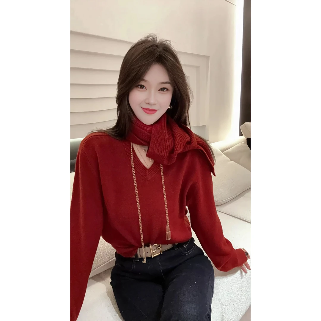 高级感V领飘带宽松毛衣2025秋冬新款慵懒风洋气长袖针织衫女