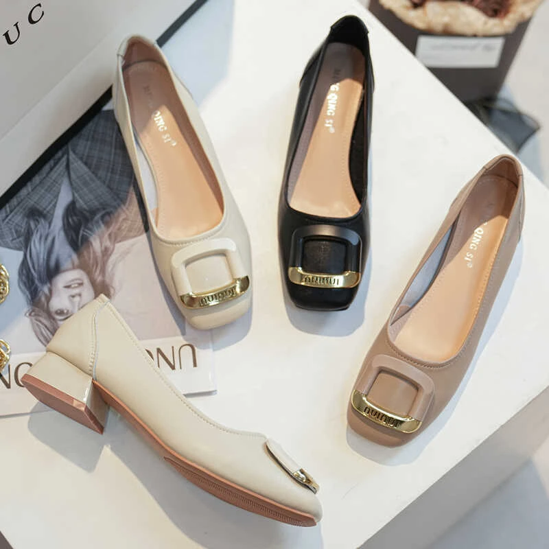 真皮粗跟单鞋浅口方头奶奶鞋韩版百搭通勤软皮舒适不累脚低跟女鞋