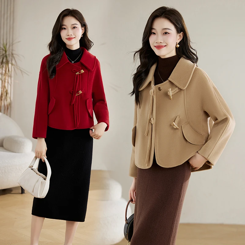 红色毛呢外套女短款2025春秋新款韩版宽松洋气减龄牛角扣呢子大衣