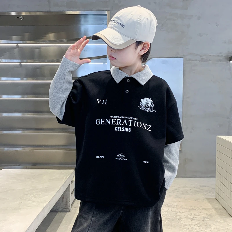 男童黑色假两件字母POLO领卫衣春秋款儿童宽松休闲翻领上衣中大童