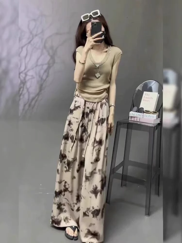 夏季高腰常规款水墨百搭休闲裤法式气质豹纹爽滑阔腿裤绒面