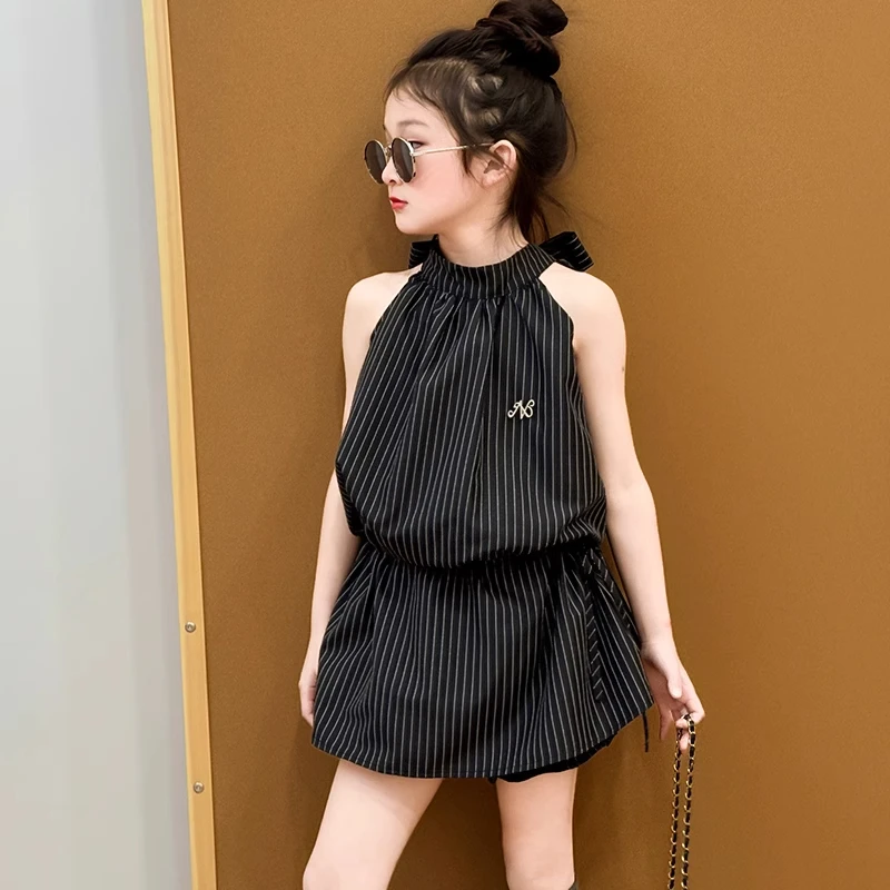 女童夏季洋气条纹连衣裙套装2025女孩夏装新款裙子短裤两件套大童