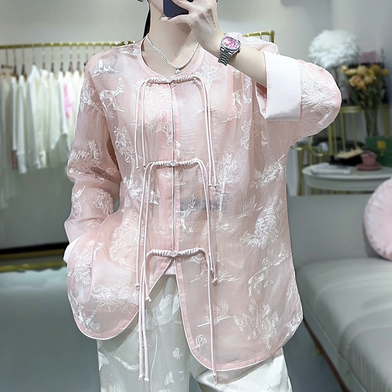 深圳南油真丝欧根纱绣花薄外套女装夏季防晒轻复古新中式国风上衣