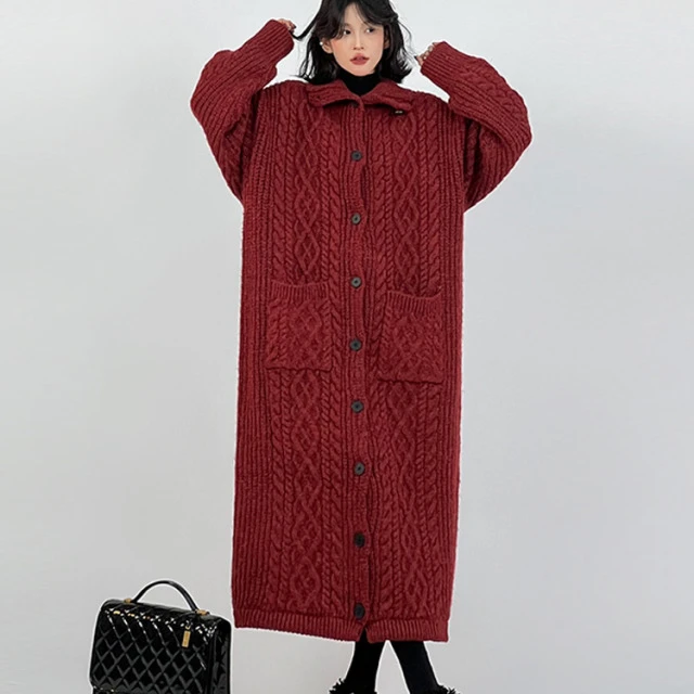 吴童自制慵懒风高个子针织毛衣开衫女秋冬韩系百搭红色高级感外套