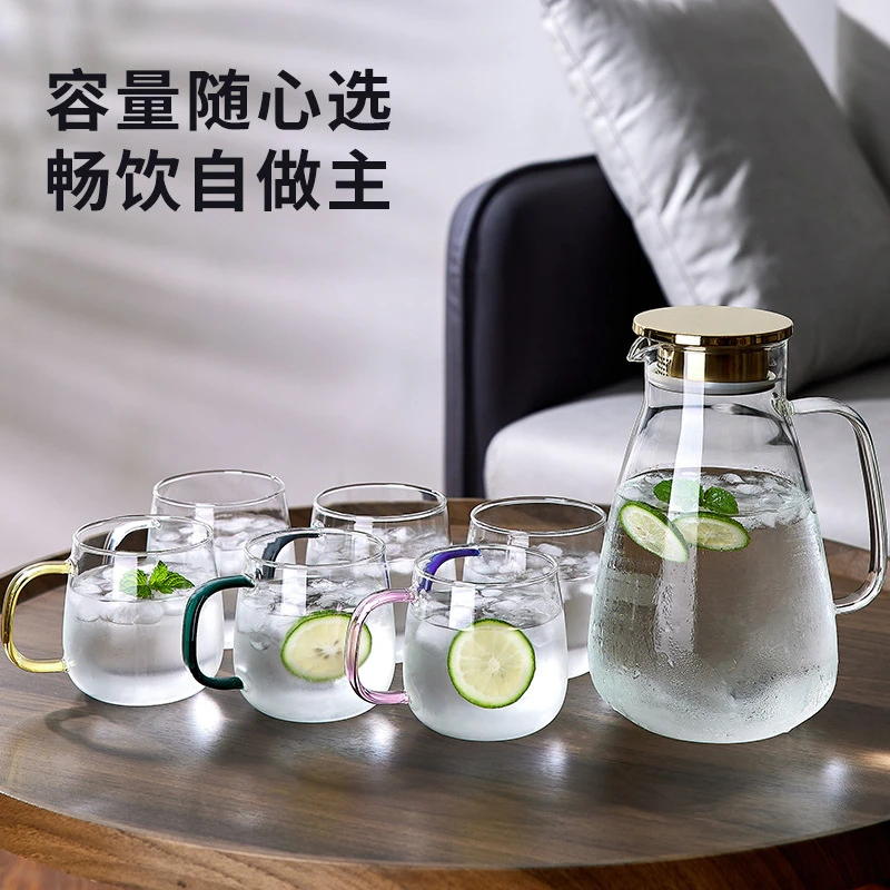 高硼硅玻璃大肚冷水壶彩色把手办公待客透明玻璃单层杯耐热玻璃壶
