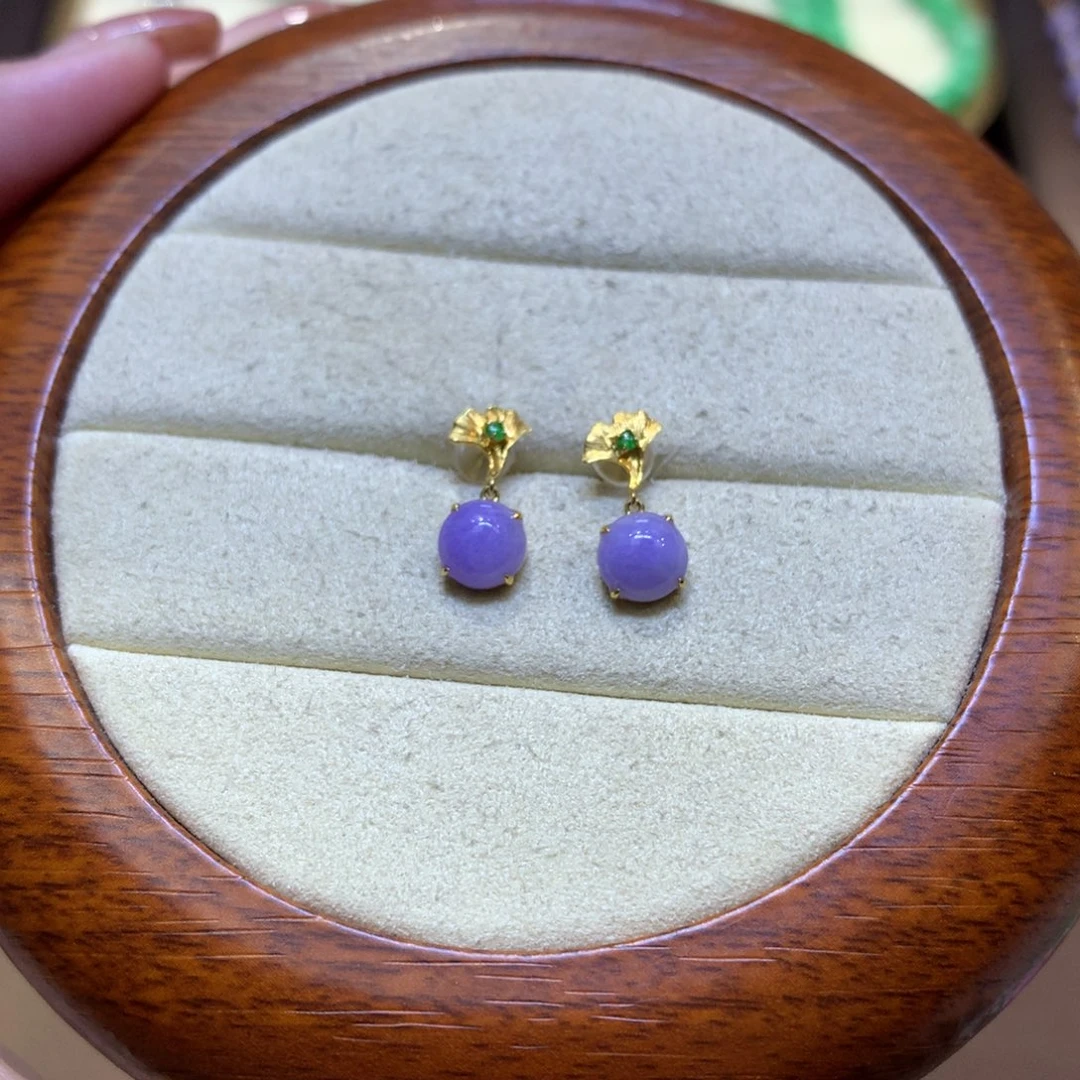 ****࿐翡翠18K金镶嵌耳饰缅甸天然A货翡翠