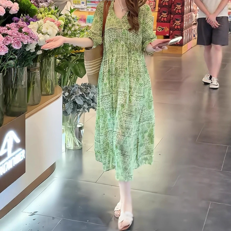 2025夏季显瘦气质连衣裙法式几何图案宽松韩版收腰印花连衣裙
