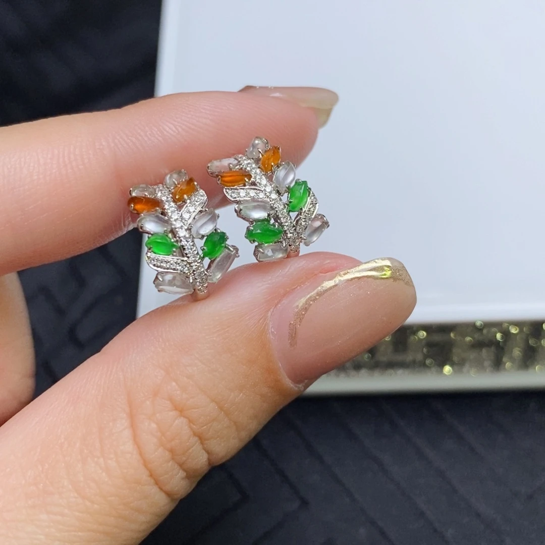 翡翠18K金镶嵌耳饰随形麦穗耳扣