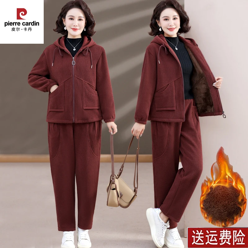 皮尔卡丹中老年妈妈春秋装灯芯绒运动服休闲加绒套装女中年洋气卫