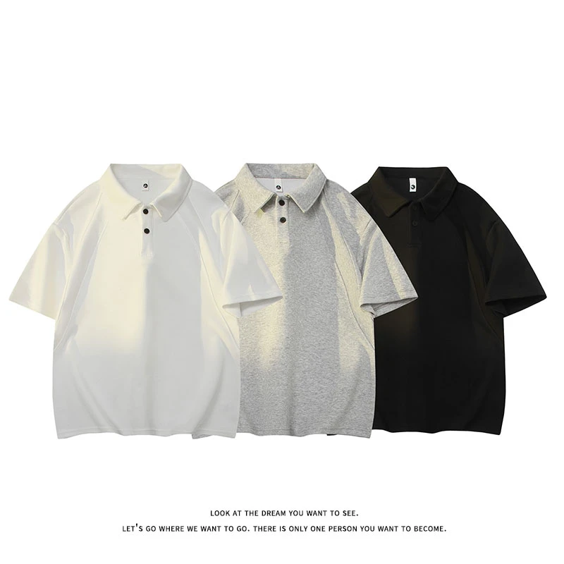 夏季花灰色正肩翻领短袖polo衫美式复古风格内搭男士潮流纯色