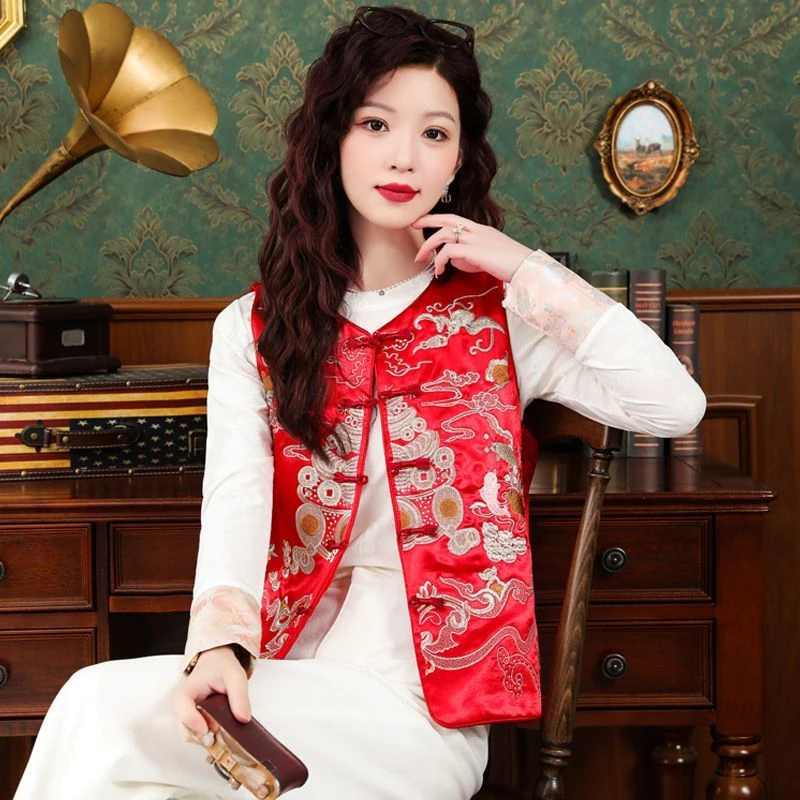 新中式款国风重工刺绣复古马甲2025年春秋季新款时尚盘扣坎肩上衣