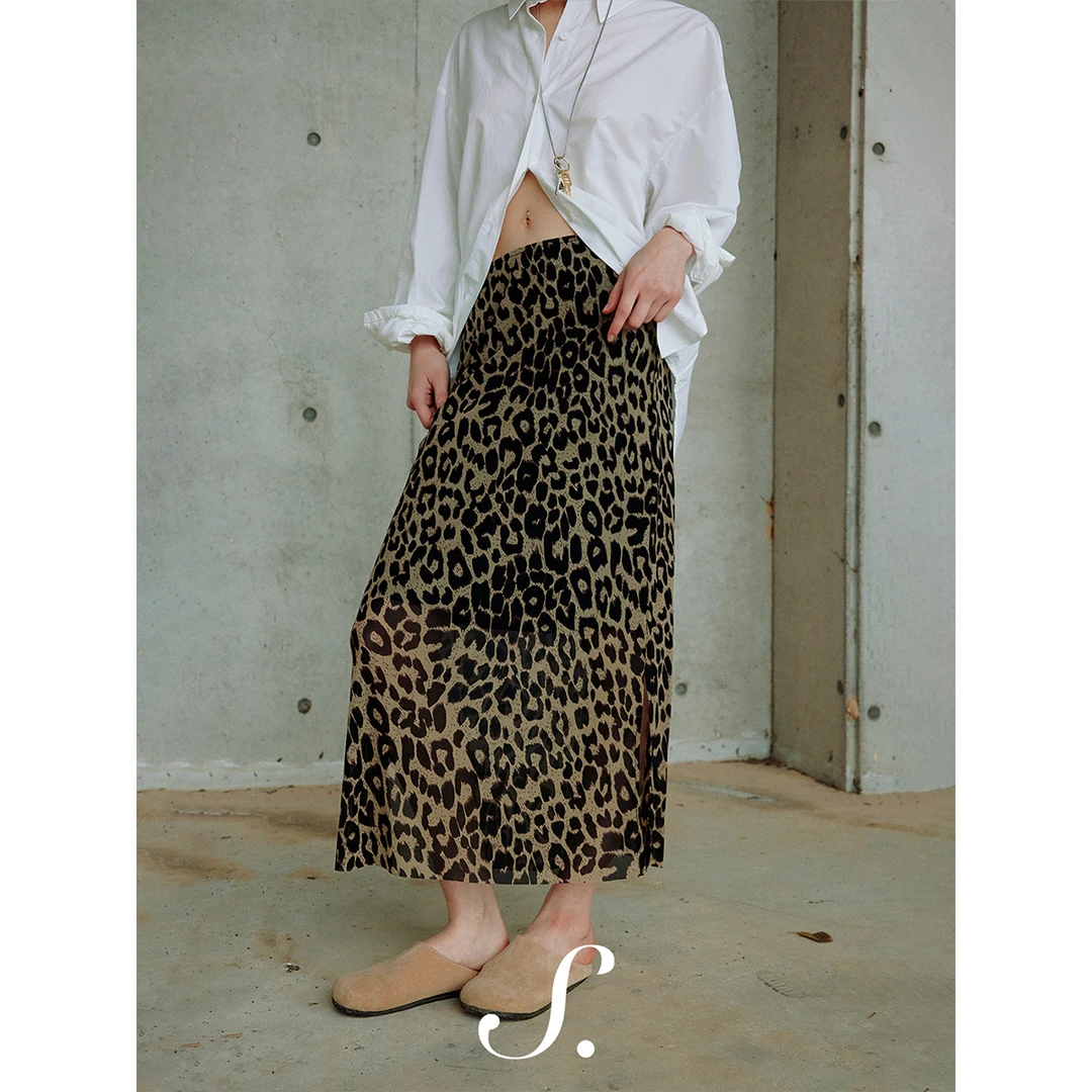 shyshy“日落长河”轻薄飘逸自由感豹纹纱质直筒半裙