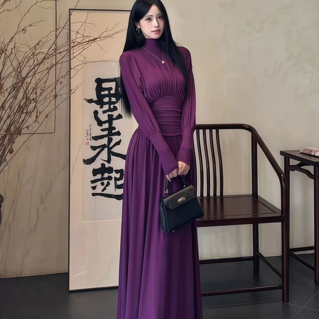 2025新款连衣裙秋季显瘦高领收腰气质高级长袖长裙