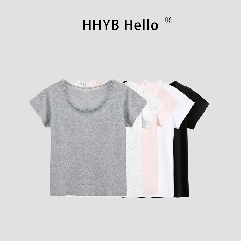 HHYB Hello韩系U领正肩短袖T恤女2025夏新款高级小众上衣250321