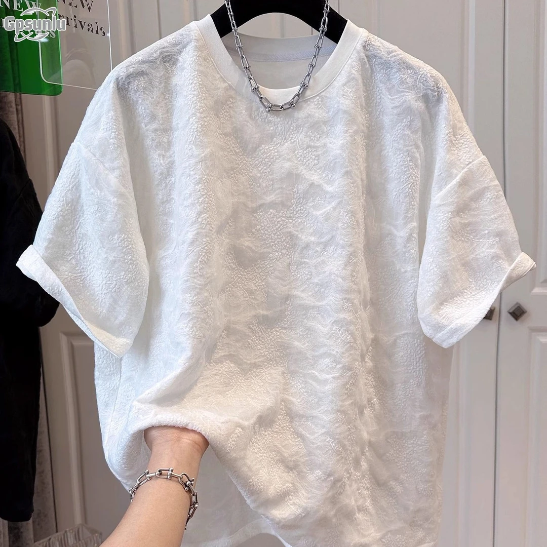 gpsunlu大码夏季简约百搭蕾丝短袖恤男女肌夏季大码显瘦女装T恤