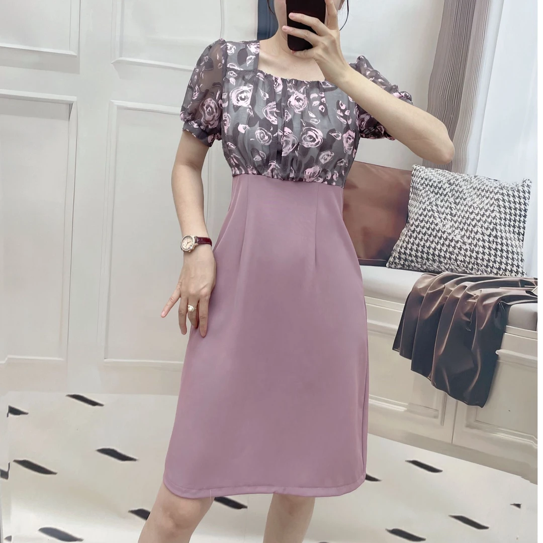 【凯莉】2025年夏季新款方领优雅气质印花拼接显瘦短袖连衣裙