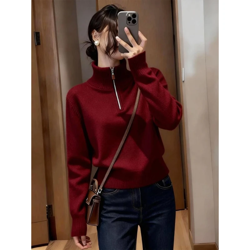 洋气百搭半拉链针织衫女2026秋冬新款纯色休闲软糯套头毛衣打底女