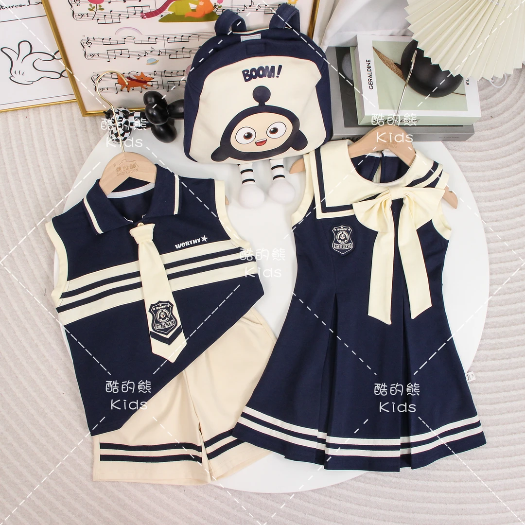 男童女童夏季洋气背心兄妹装2025儿童韩版时尚童装连衣裙D2S6-747