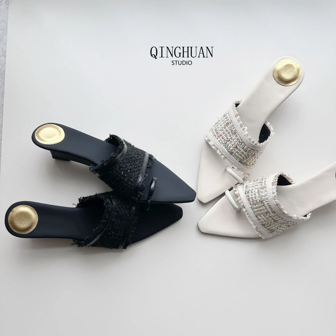 【清欢】小香风时尚编织尖头凉鞋 | 真皮舒适百搭夏季高跟| 4.5cm