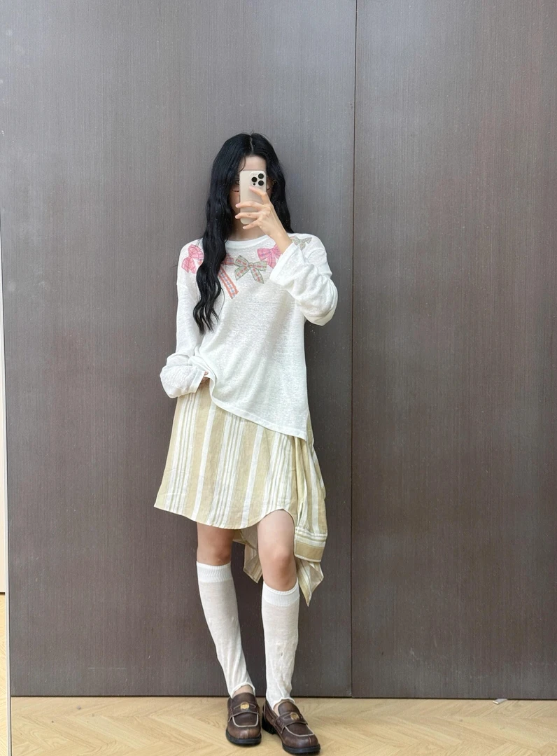 亲妈~尾2025秋季新款不对称下摆设计重磅蝴蝶结长袖T恤