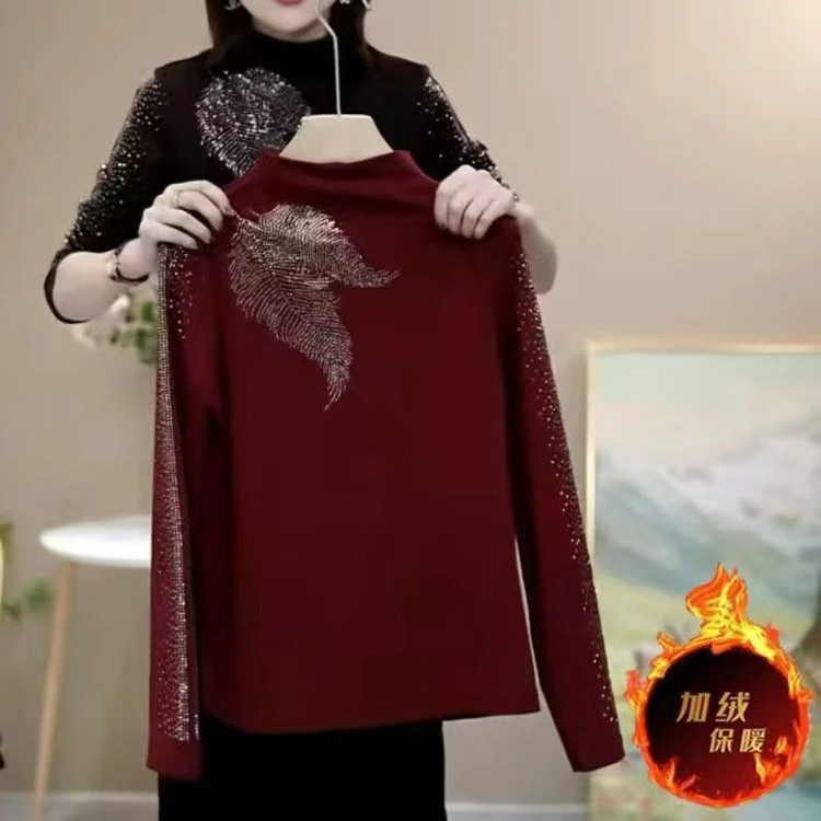 2024中老年女士加绒打底衫款式显瘦小衫百搭洋气高弹力长袖衫