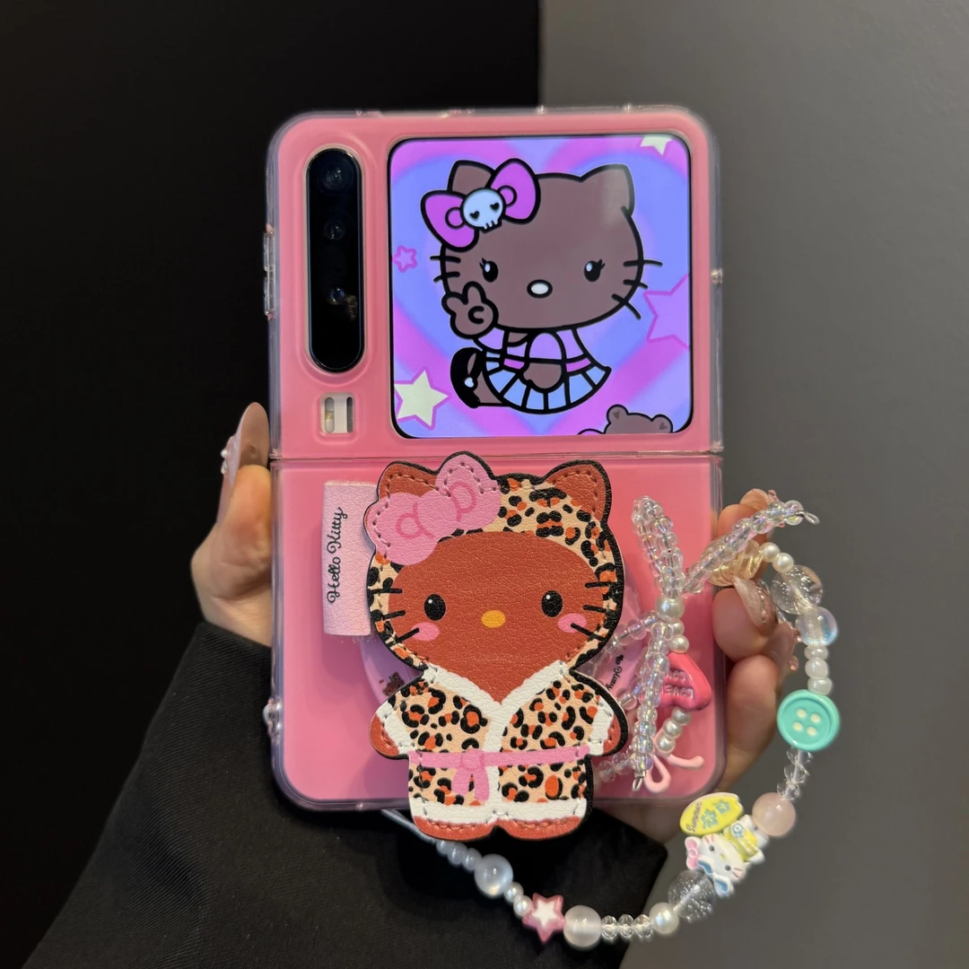 适用华为purax折叠屏手机壳玫红豹纹kt猫三星zflip76磁吸支架链条