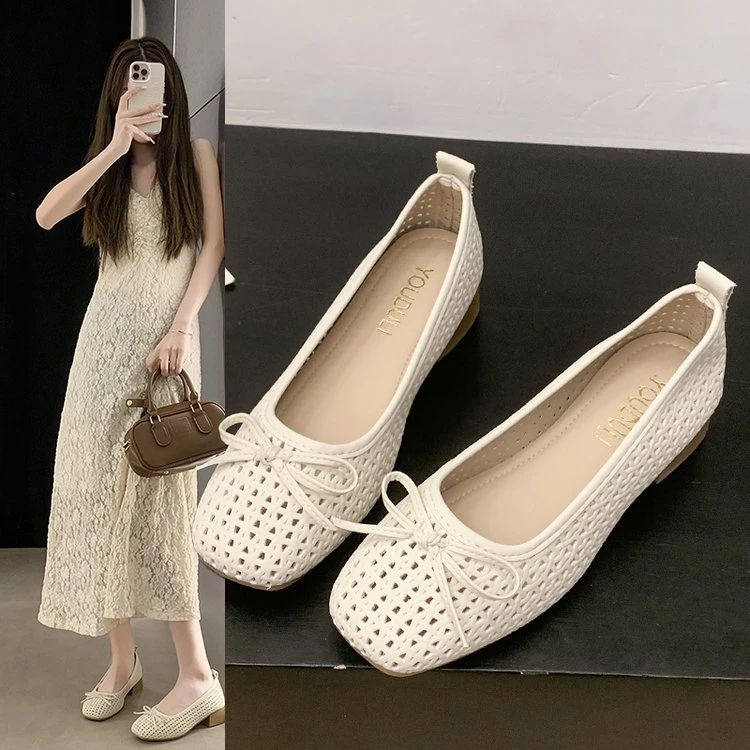 2025夏季爆款单鞋女韩版蝴蝶结浅口平底鞋方跟时尚豆豆鞋镂空透气