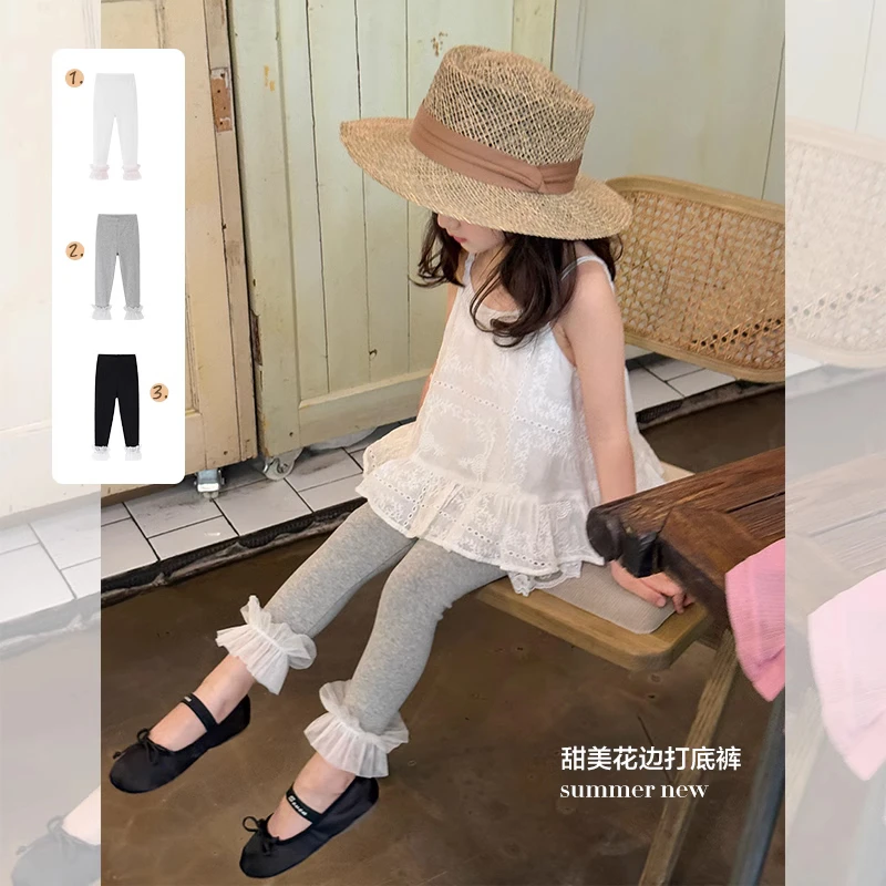 SKB2592女童韩版蕾丝拼接打底裤春夏新款甜美高弹力亲肤针织裤潮