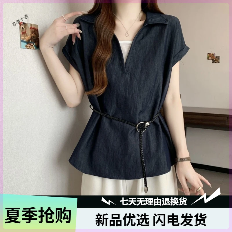 【万达撤柜】假两件黑色V领正肩短袖衬衫夏季上衣女装2025夏