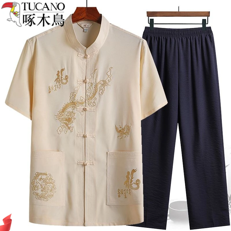 啄木鸟中老年夏季套装唐装男复古短袖衬衫爸爸晨练服爷爷休闲汉服