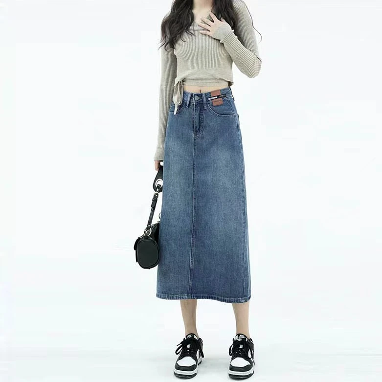 牛仔半身裙女秋季中长款2024新品小个子复古高腰显瘦a字开叉裙子