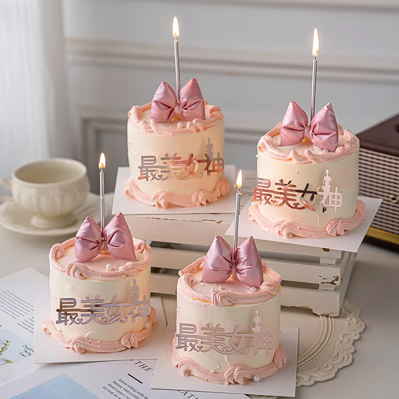 38女神节唯美蛋糕装饰节日快乐亚克力插牌粉色蝴蝶结女王节摆件