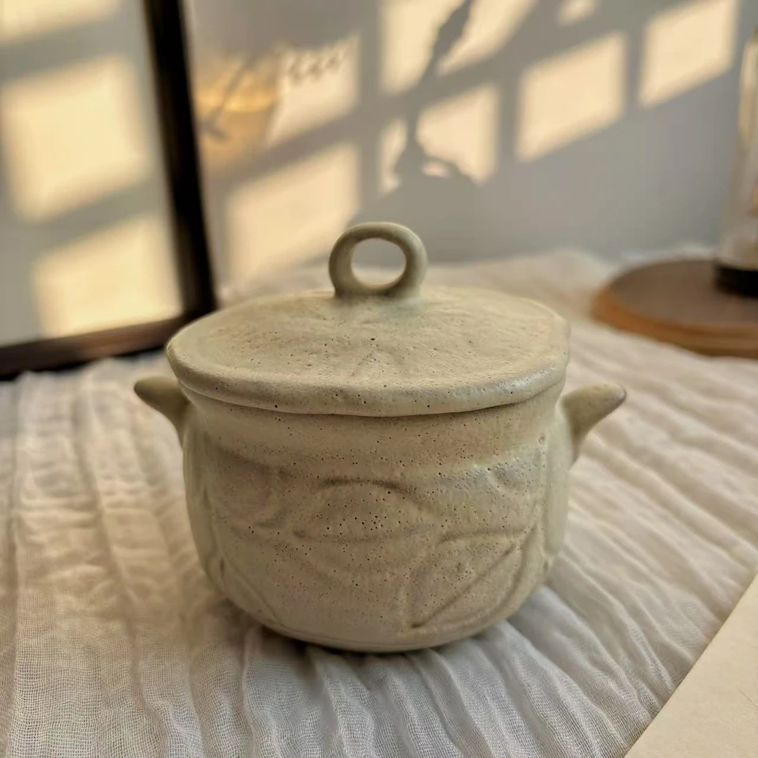 小喜宅 手工白禾盖盅+樱花勺+玻璃勺置（不可上明火，只能蜡烛温）