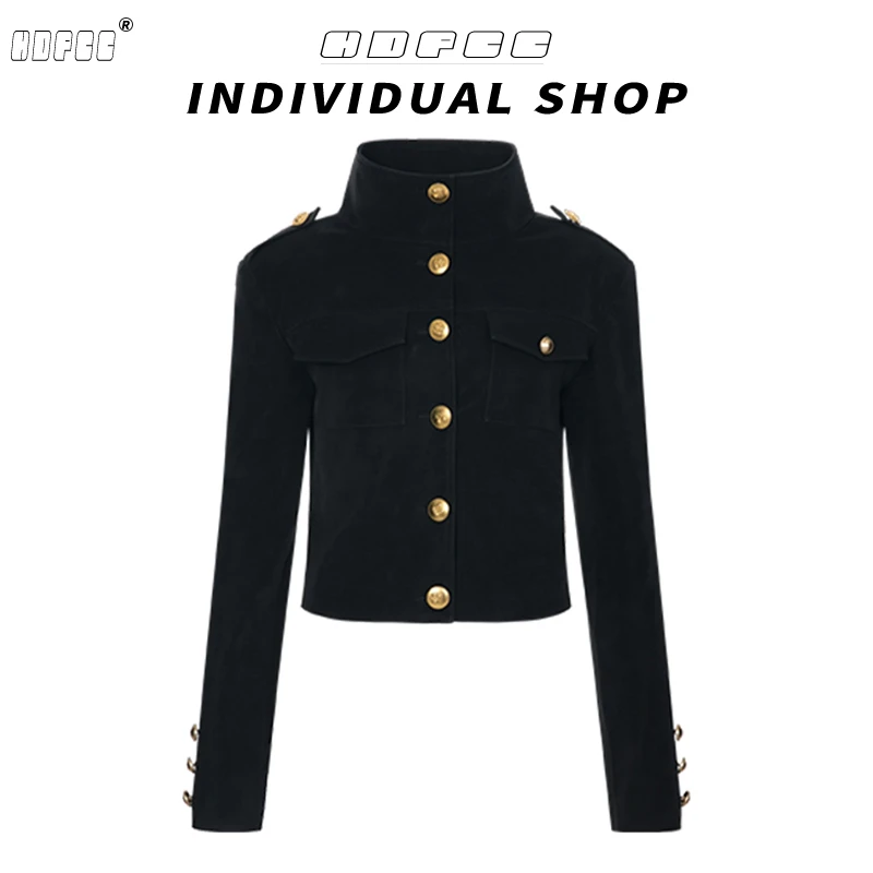 秋季新款经典绒麂皮复古宽肩立领长袖夹克显瘦廓形短款外套上衣潮