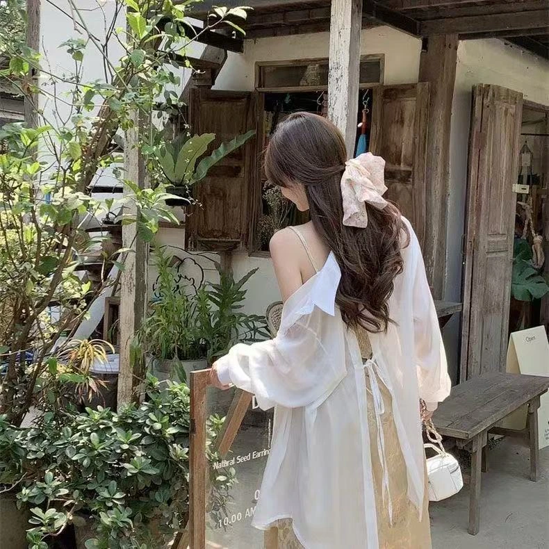 薄款长袖防晒衬衣2025年夏款设计后背开衩开叉衬衫系带上衣