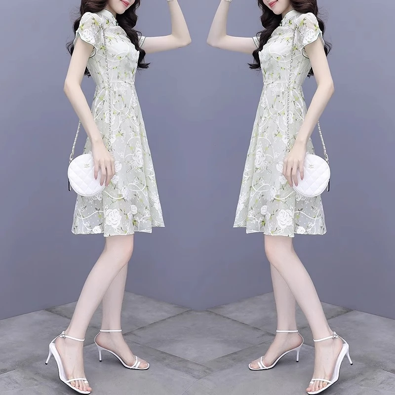 NAHOPULER/纳霍浦勒旗袍改良版绣花雪纺连衣裙女士中腰显瘦气质裙