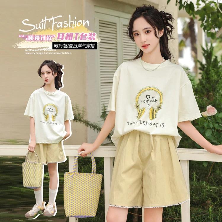 2025夏季新款女童短裤套装儿童中大童休闲短袖耳机T恤两件套洋气